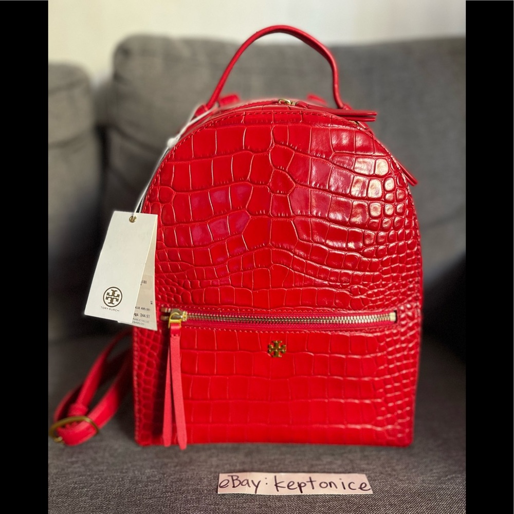 Tory Burch Croc Embossed Mini Backpack Liberty Red NWT MSRP $495